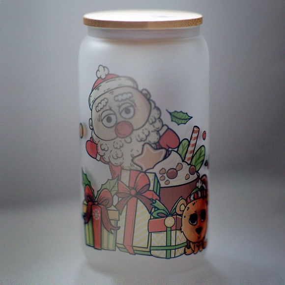 Hot Cocoa & Christmas Shows Glasses cup 16 oz glass cup with Straw & Bamboo Lid. - Picture 3 of 7